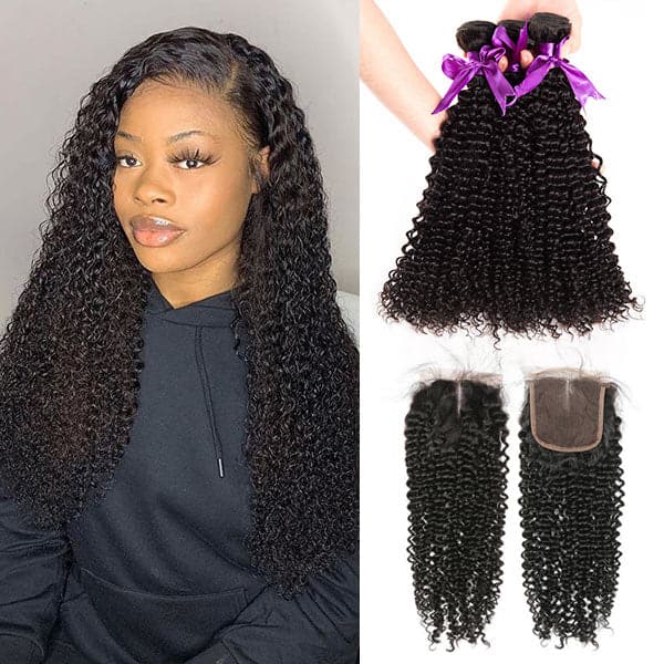 Brazilian Curly  Hair Weave 3 Bundles With Lace Closure