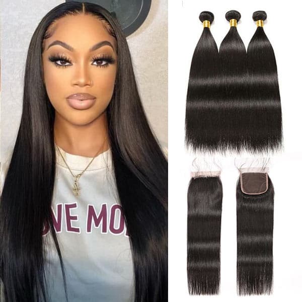 Brazilian Straight  Hair Weave 3 Bundles With Lace Closure