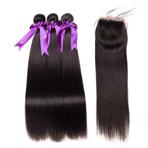 Brazilian Straight  Hair Weave 3 Bundles With Lace Closure